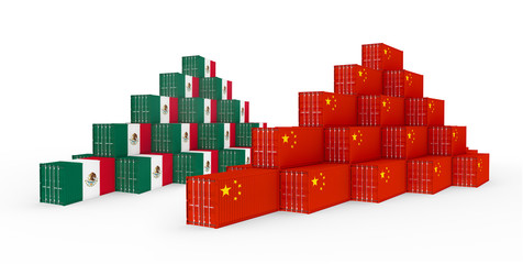 3D Illustration of the group Cargo Containers with Mexico and China Flag on white background. Delivery, transportation, shipping freight transportation.