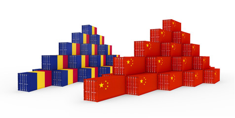 Fototapeta premium 3D Illustration of the group Cargo Containers with Romania and China Flag on white background. Delivery, transportation, shipping freight transportation.