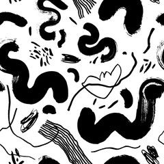Black paint scribbles vector seamless pattern. Chaotic monocolor scrawls texture. Various childish doodles