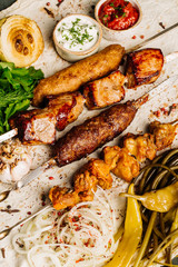 Barbecue meat. Grilled pork skewers on plate. Menu concept.