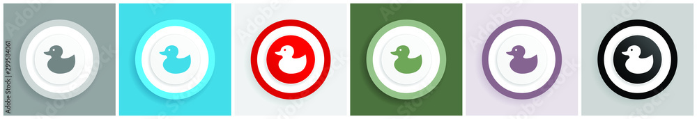 Poster duck toy, bird icon set, colorful flat design vector illustrations in 6 options for web design and m