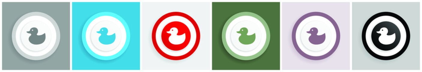 Duck toy, bird icon set, colorful flat design vector illustrations in 6 options for web design and mobile applications