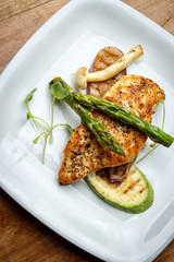 diet food, fitness style diet, healthy food, a piece of chicken, presentation and serving, rustic style, vegetables for meat, healthy food, diet product, protein, a dish in a plate, menu