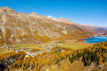 Switzerland - Panoramic aerial view of the lakes of Sils and Silvaplana 