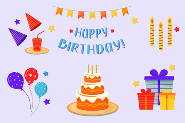 Happy birthday flat concept icons set. Cake, gifts, balloons and hats stickers, cliparts pack. Birthday holiday celebration poster layout. Isolated cartoon illustrations, postcard design elements