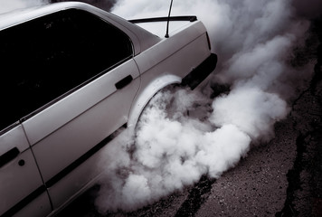 Moldova 25.09.2019. Sport modern Stance Car racing car drifting with smoke drift burnout, big...
