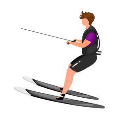 Waterskiing flat vector illustration. Extreme sports experience. Active lifestyle. Summer outdoor fun activities. Sportsman balancing on skis isolated cartoon character on white background