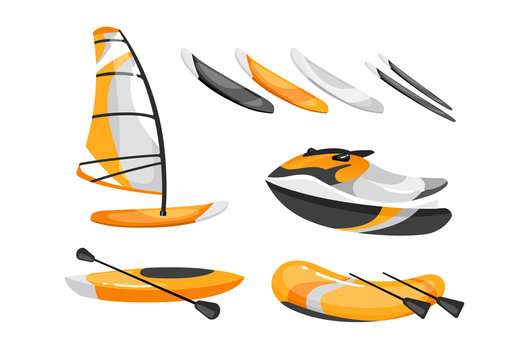 Boats flat vector illustrations set. Extreme water sport activities. Windsurfing, canoeing, kayaking, skiing equipment. Speedboat with paddles. Active lifestyle isolated cartoon clipart
