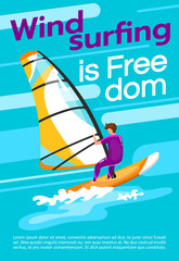 Windsurfing is freedom poster vector template. Watersport. Brochure, cover, booklet page concept design with flat illustrations. Extreme sport. Advertising flyer, leaflet, banner layout idea