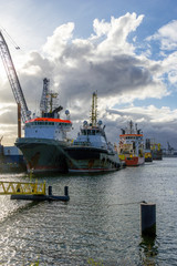 Fototapeta premium Evening view of the port of Rotterdam, with ships and cranes, in portrait format.