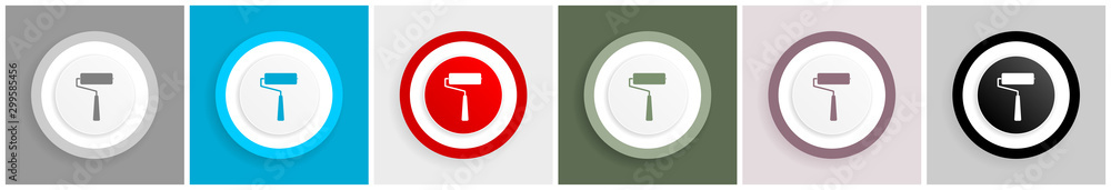 Poster Paint roller icon set, painting tool sign vector illustrations in 6 colors options for web design and mobile applications in eps 10