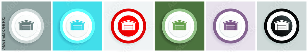 Poster Garage building icon set, colorful flat design vector illustrations in 6 options for web design and mobile applications