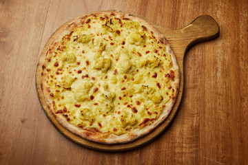 pizza with pineapples, Italian dish, pizzeria, presentation and serving, menu, beautifully decorated dish, delicious food, pizza, delicious and hot pizza, greens, pizza wooden board