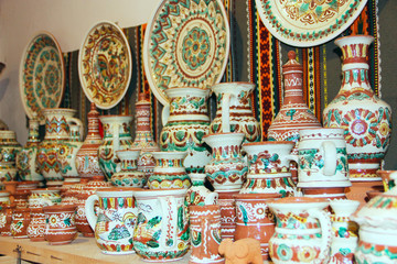 Products of ceramics on sale in shop. Handicraft of making pottery