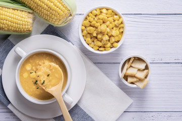 Corn soup in bowl. Corn soup in white bowl