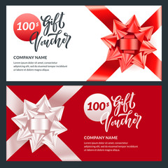 Gift card, voucher, certificate for Christmas, New Year, Birthday. Realistic 3d illustration of present with bow ribbon