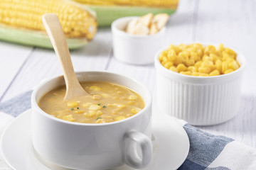 Corn soup in bowl. Corn soup in white bowl