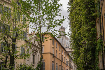 Street in the city of Rome with trees and dome