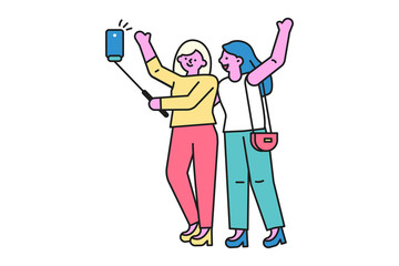 Two young girls taking selfie on smartphone. Selfie  friends. Cartoon line characters, isolated on white background