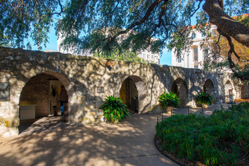 The Alamo Mission front facade in downtown San Antonio, Texas, USA. The Mission is a part of the...