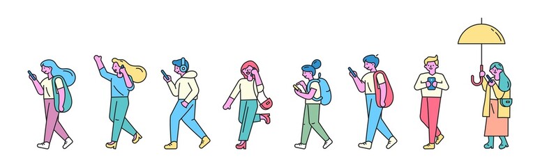 Group of male and female cartoon characters with mobile phones. Young men and women holding smartphones, talking, taking selfie. Modern people. Flat vector illustration.