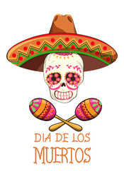 Mexico Day of the Dead party with holiday decorations. Skull with flowers and sombrero hat. Colorful maracas White background. Vector