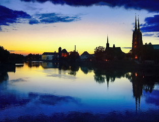 Fototapeta na wymiar Cathedral Island in the evening - Wroclaw in Poland