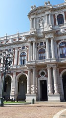 Torino, Italy - 10/24/2019:  An amazing caption of Turin city in a beautifull sunny day. Detailed photography of the old buildings in the center of the city from the kingdom period in Italy.