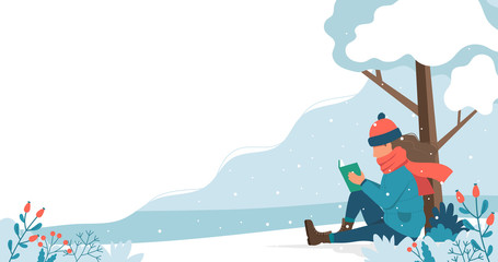 Girl reading in the park in winter. Cute vector illustration in flat style.