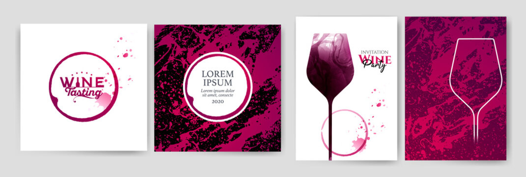 Collection of templates with wine designs.Wine glass illustration. Background texture and stains of red wine.