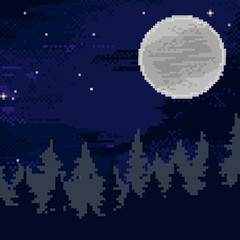 Vector illustration of pine trees. Coniferous forest silhouette template. Pixel art. 8 bit. Night background.