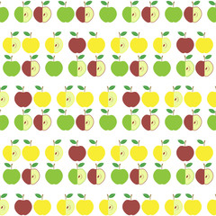 Cute Fresh Red and Yellow Green Apple Seamless Pattern on White Background. Fruit Repeating Texture.