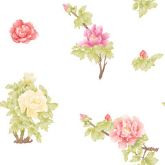Peony tree branch with flowers in the style of Chinese painting on silk Seamless pattern, background. Colored vector illustration. 