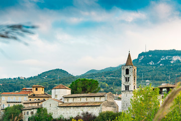 view on mountain and houses of historical town Ascoli Piceno, Italy