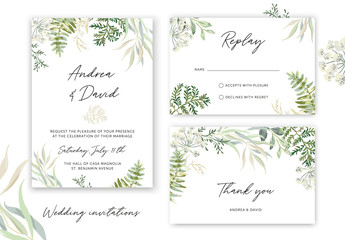 Obraz na płótnie Canvas Wedding cards design. Forest green leaves, fern, white background. Vector illustration. Floral arrangements. Invitation template. Summer greenery