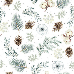 Christmas seamless pattern, cones, flowers, green pine twigs, white background. Vector illustration. Nature design. Season greeting. Winter Xmas holidays - 299590220