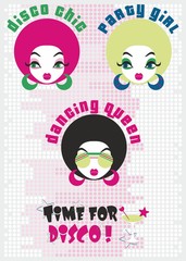 Vector set of little girls,party woman ilustration,disco background print,face,head