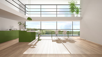 Modern minimalist green colored kitchen with island, dining table with chairs, parquet, mezzanine, big panoramic windows with lake view, morning light, bamboo plants, interior design