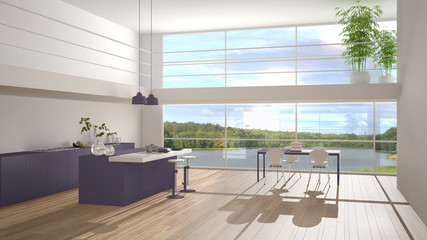Modern minimalist purple colored kitchen with island, dining table with chairs, parquet, mezzanine, big panoramic windows with lake view, morning light, bamboo plants, interior design