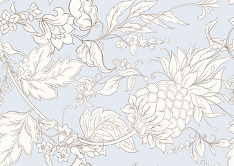 Obraz premium Fantasy flowers in retro, vintage, jacobean embroidery style. Seamless pattern, background. Outline hand drawing vector illustration. In vintage blue and beige colors.