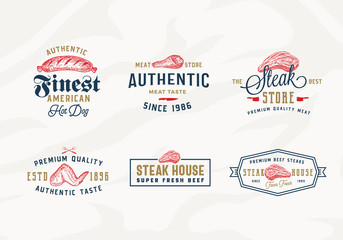 Steak House or Meat Store Vintage Typography Labels, Emblems or Logo Templates Bundle. Hand Drawn Sausage, Steak, Chicken Wings and Drumstick Sketch Signs Set. Meat Texture Background.