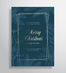 Merry Christmas Abstract Vector Greeting Card or Holiday Poster. Classy Blue and Gold Colors and Typography. Soft Shadows and Sketch Pine Twigs, Strobile, Holly and Mistletoe Background.