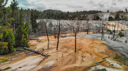 Yellowstone Mammoth Hot Springs, aerial view of rocks and their beautiful colors