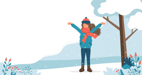Girl playing with leaves in the park in winter. Cute vector illustration in flat style.