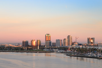 A view of Long Beach marina, California from a cruise ship at dawn