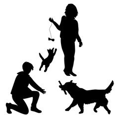 Silhouettes of men and women, a cat and a dog. Games with pets. Dog Training. Active lifestyle.