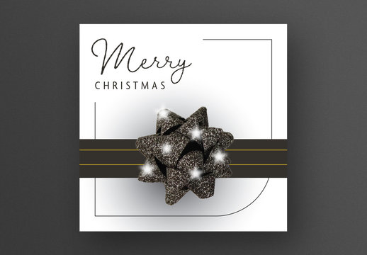 Square Christmas Card Layout with Black Bow and Sparkles Effect