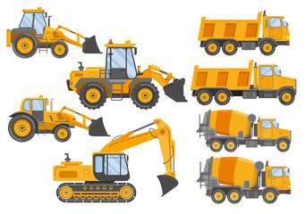 Construction track bulldozer backhoe dipper.Hydraulic excavators.Concrete mixer truck.Construction equipment  tractor.Tipper car side view.Flat vector.Yellow lorry.Isolated on white. © dukesn