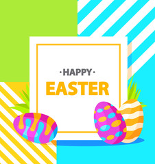 Festive banner. Happy Easter eggs on a grass the painted lie ornament. Flat illustration vector.