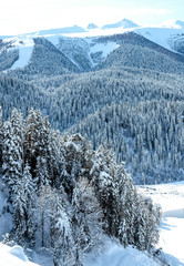 Snow-capped Caucasus mountains in winter. Snowy winter in the mountains. Winter landscape.
